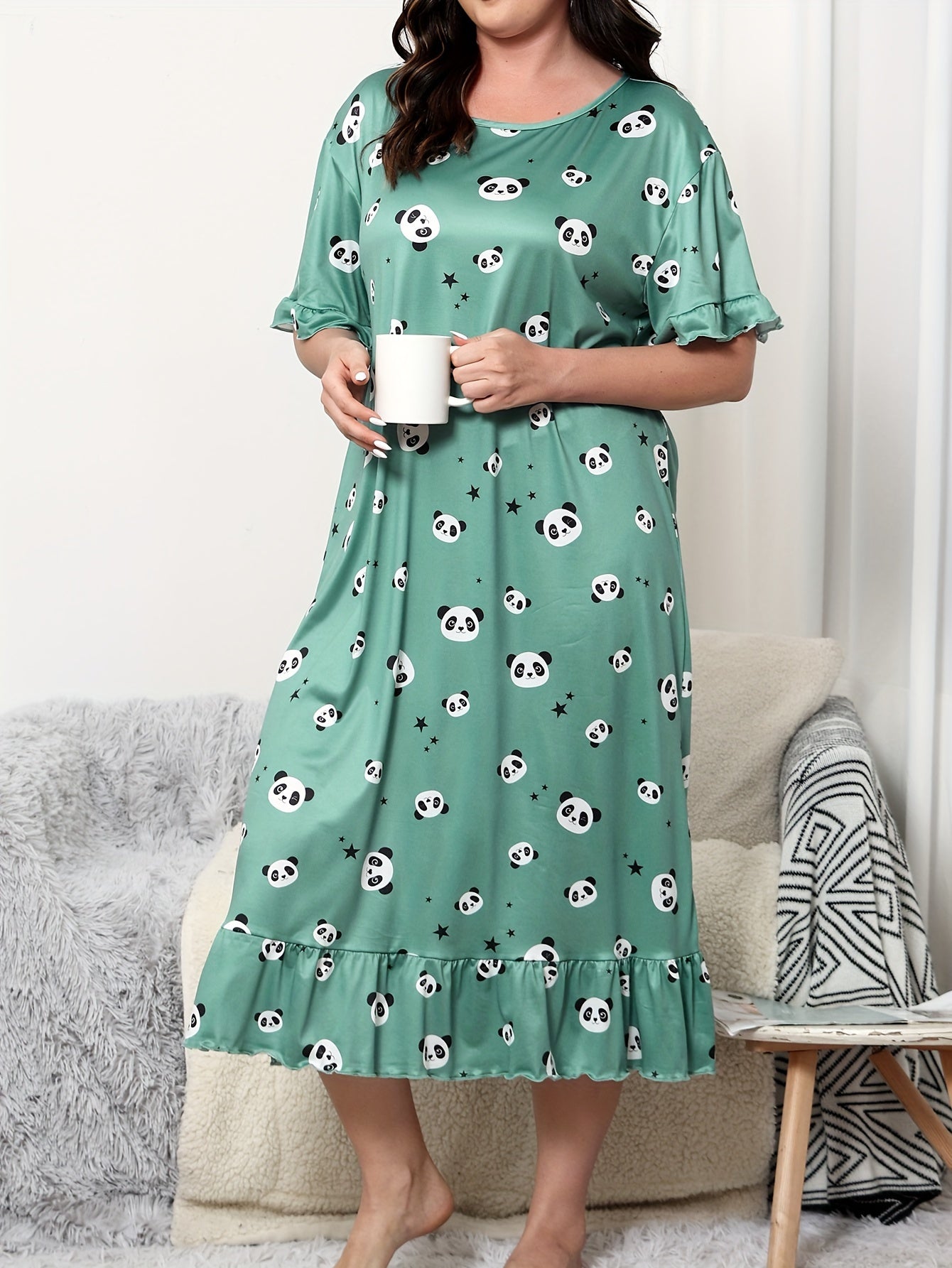  Panda & Star Print Ruffle Trim Sleep Dress