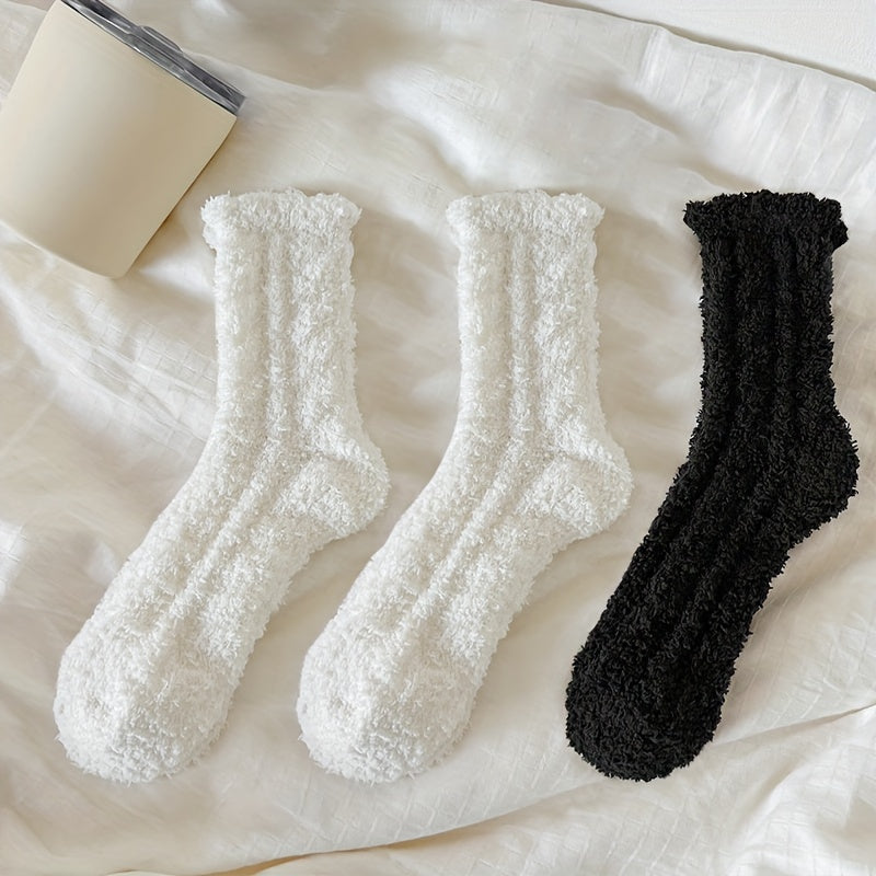 3 Pairs Solid Fuzzy Socks Comfy & Warm Mid Tube Socks Women's Stockings