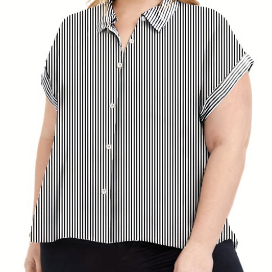  Women's Stripe Print Short Sleeve Button Up Blouse
