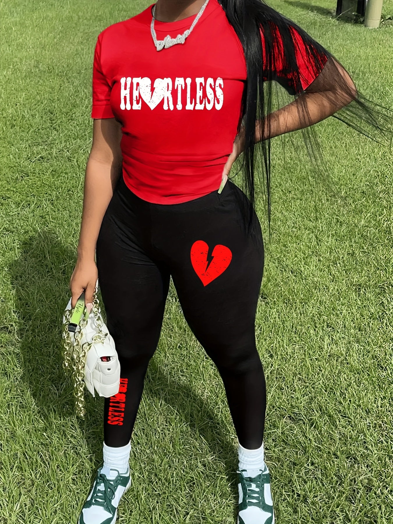 Letter Print T shirt & Skinny Pants Set Women's Outfit