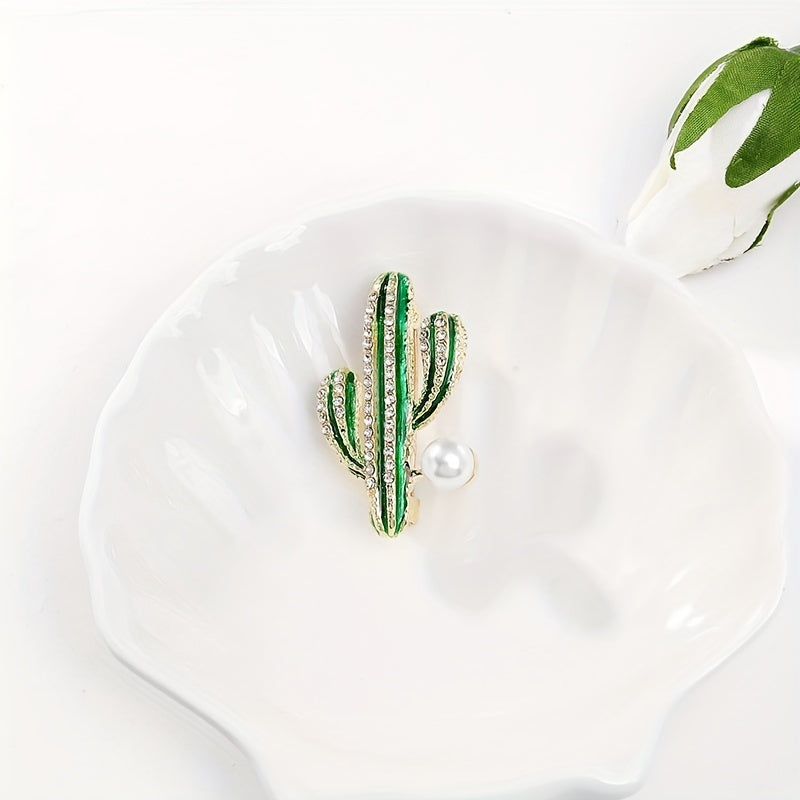 Cactus Brooch Pin Faux Pearl Lapel Pin for Jackets Dress Suit Hats Scarves Pants