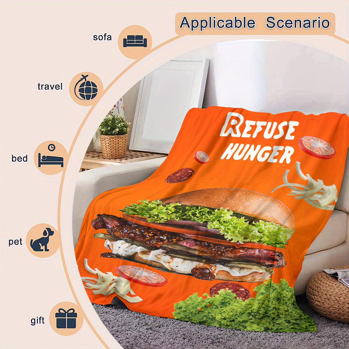Oversized Hamburger Pattern Flannel Blanket Soft Warm For Bed Sofa Camping