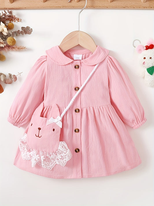 2pcs Baby Girls Preppy Style Button Dress with Backpack