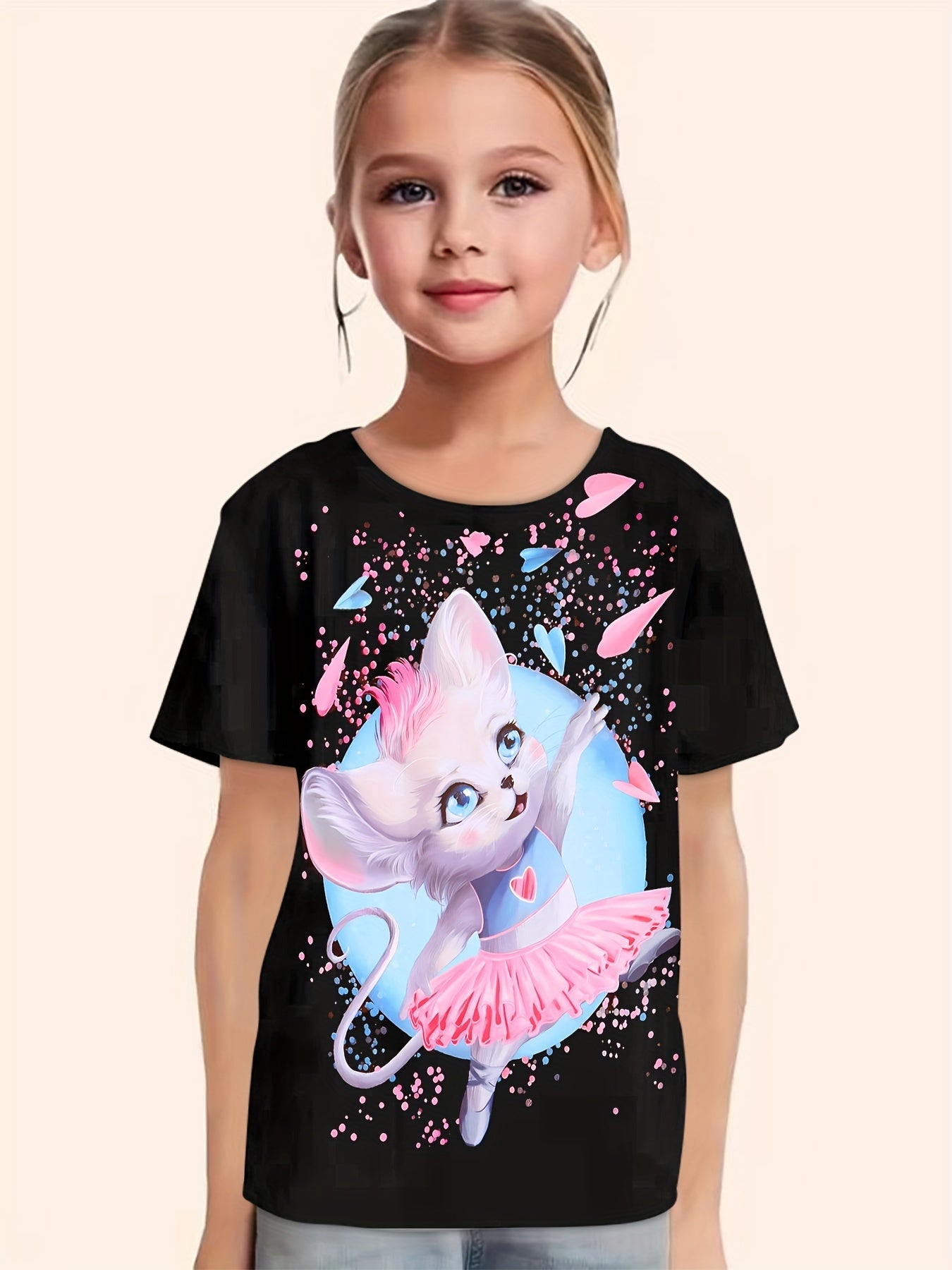 Sweet Animal Princess Graphic Short Sleeve T shirt Girls Pullover Tops