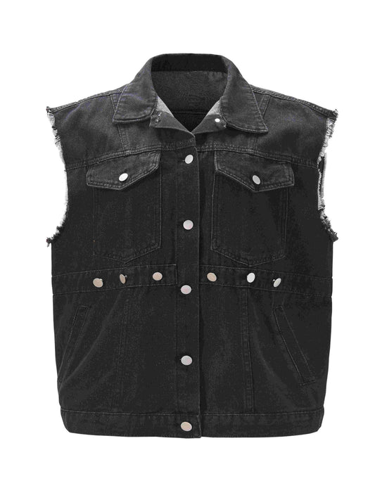  Denim Vest Fringe Trim Button Front Slim Fit Casual Jean Vest