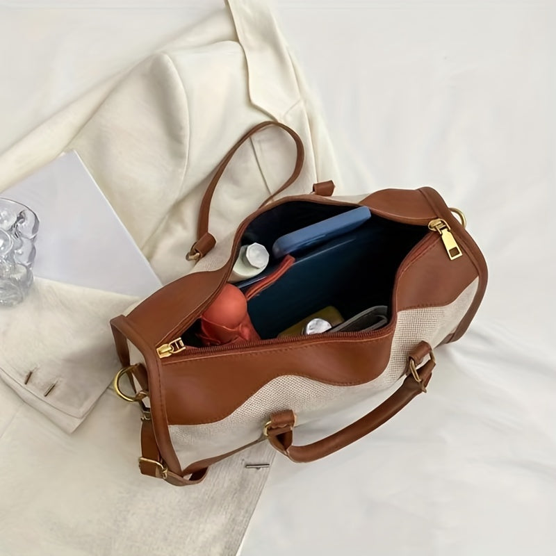 Vintage Canvas Stitching Handbag Large Capacity Travel Crossbody Bag