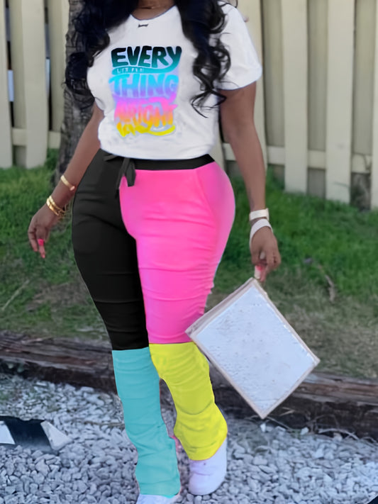  Women's Art Print Top & Colorblock Ruched Pants Outfit Set