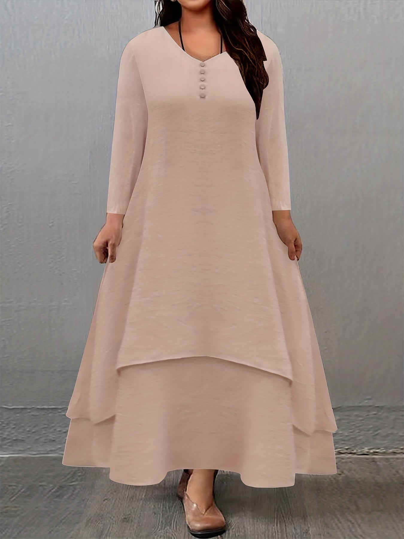  Solid V Neck Maxi Dress Long Sleeve Button Decor