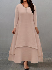  Solid V Neck Maxi Dress Long Sleeve Button Decor