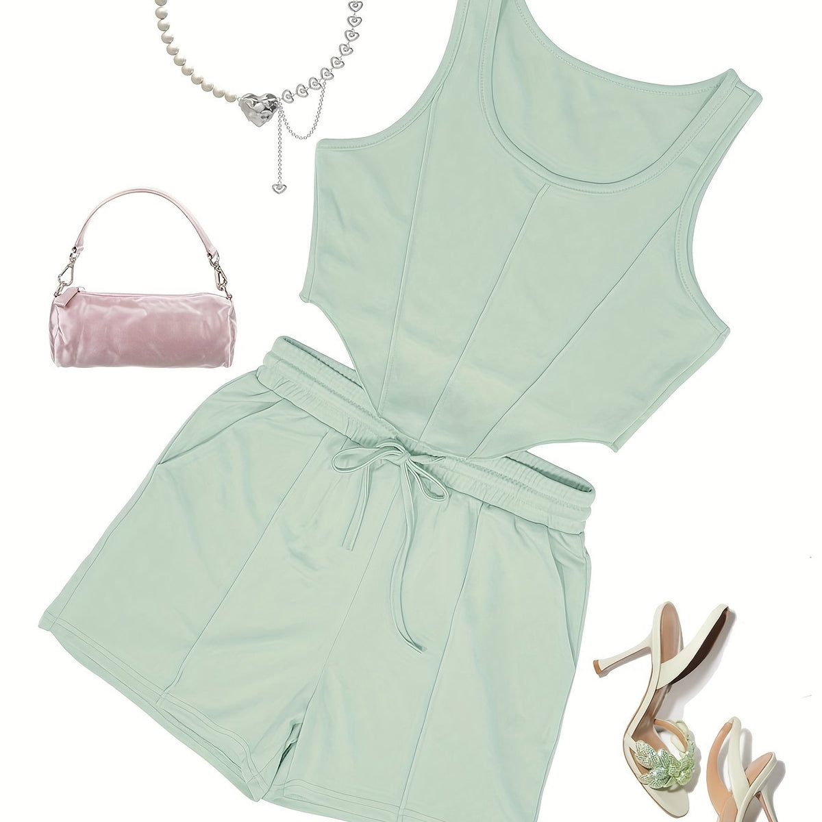 Casual Top Stitching Two-piece Set Crop Tank Top & Drawstring Shorts