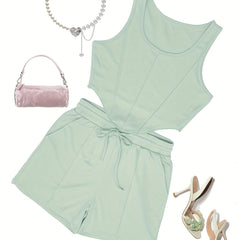 Casual Top Stitching Two-piece Set Crop Tank Top & Drawstring Shorts