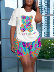  Cartoon Bear & Letter Print Short Sleeve Top & Shorts Set