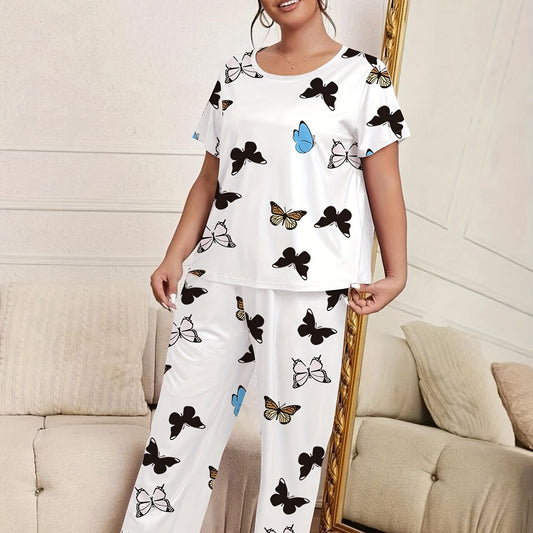  Butterfly Print Pajama Set Tee & Pants Lounge Two Piece Set