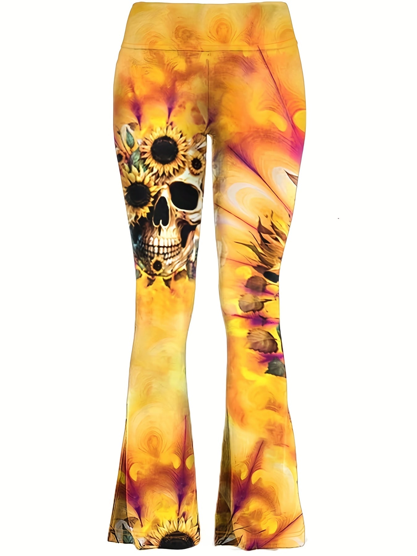  Skull & Sunflower Print Elastic High Rise Stretch Pants