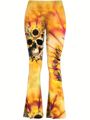  Skull & Sunflower Print Elastic High Rise Stretch Pants