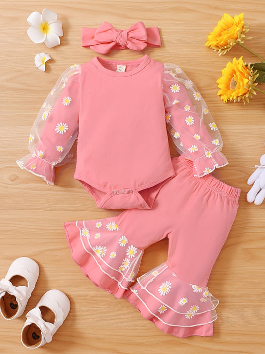 Daisy Mesh Lace Romper Pants Headband Set Newborn Baby Clothes