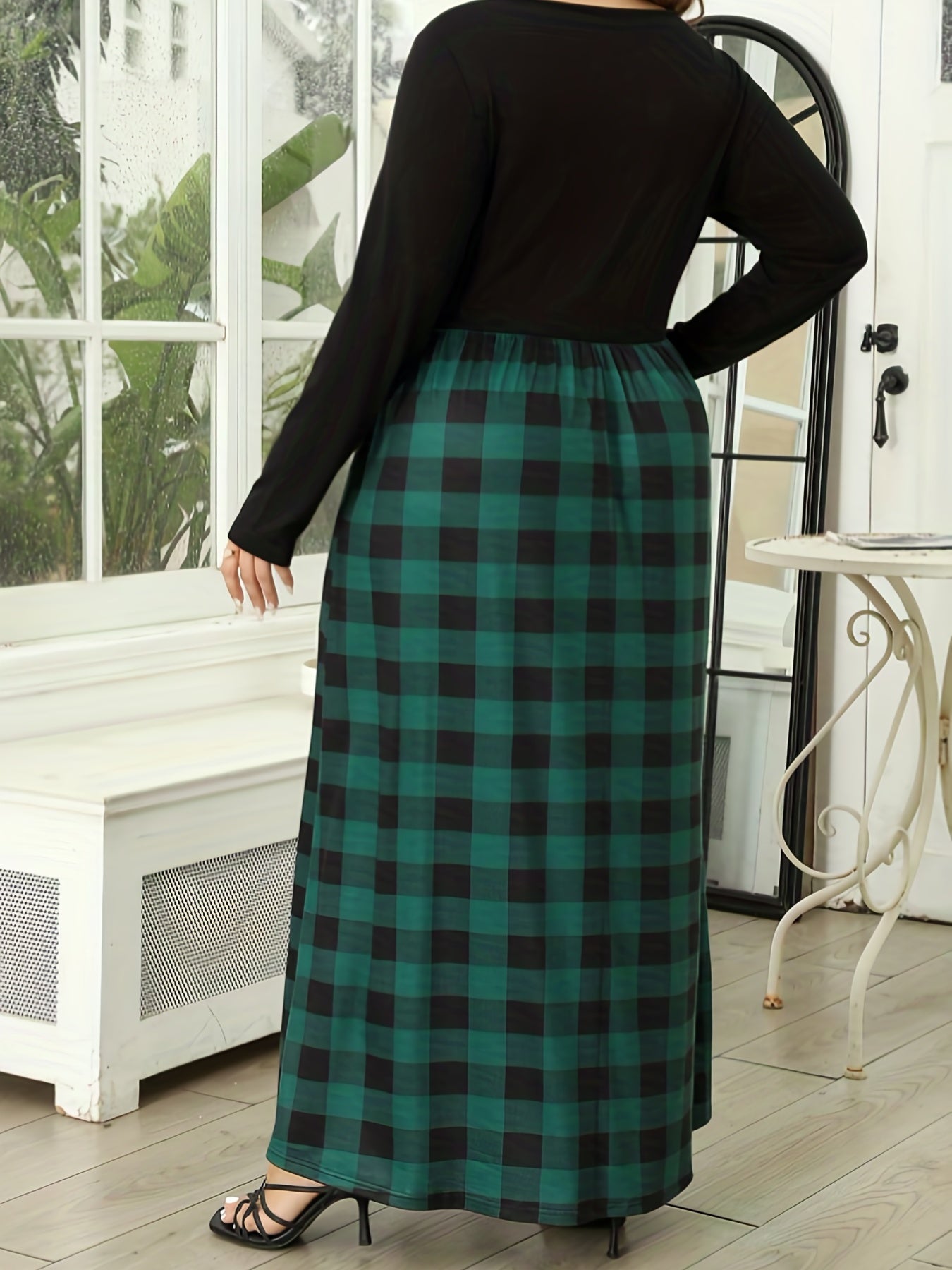  Colorblock Gingham Print Maxi Dress With Pockets