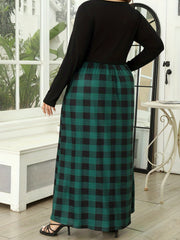  Colorblock Gingham Print Maxi Dress With Pockets