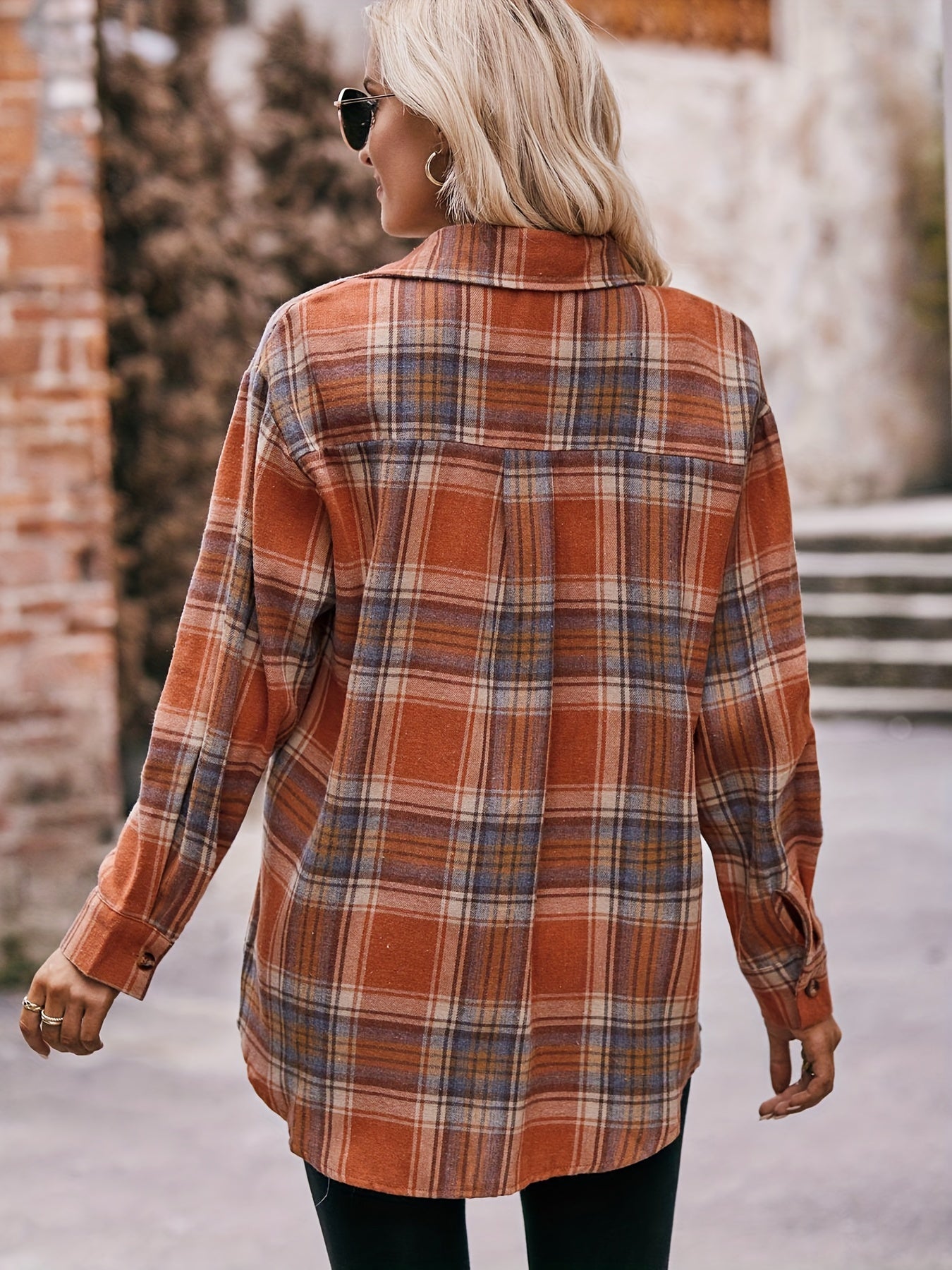  Plaid Print Long Sleeve Button Up Tunic Shirt