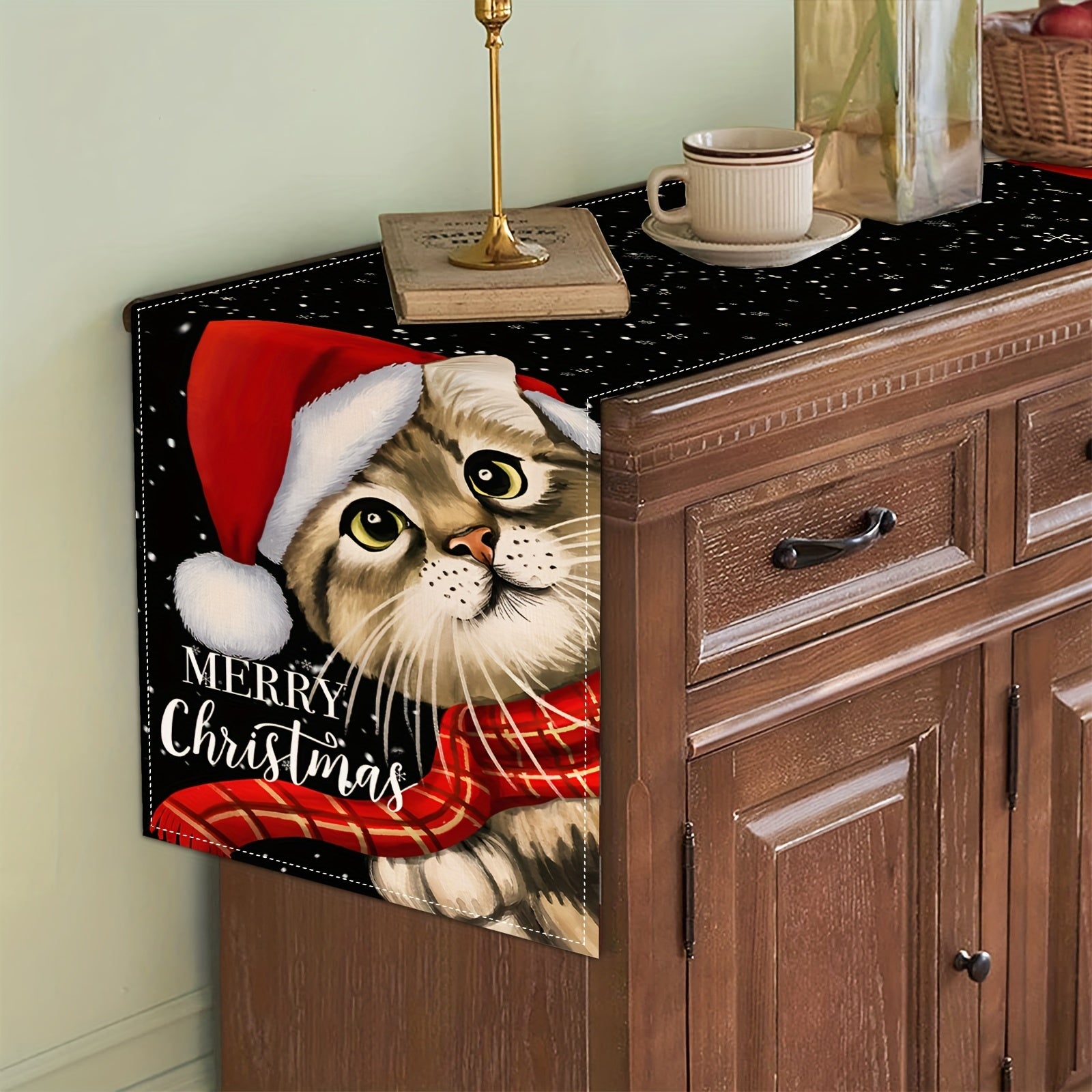 Linen Table Runner Christmas Cat Pattern Table Cover