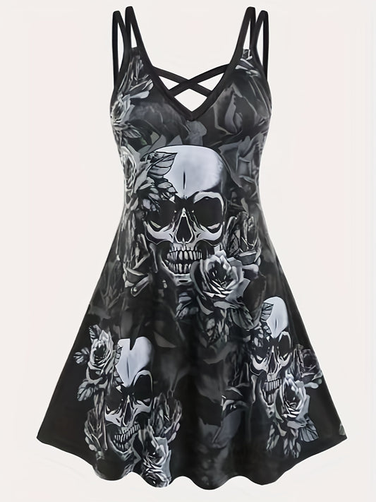 Skull Print Spaghetti Strap Dress Gothic Sleeveless V Neck Dress