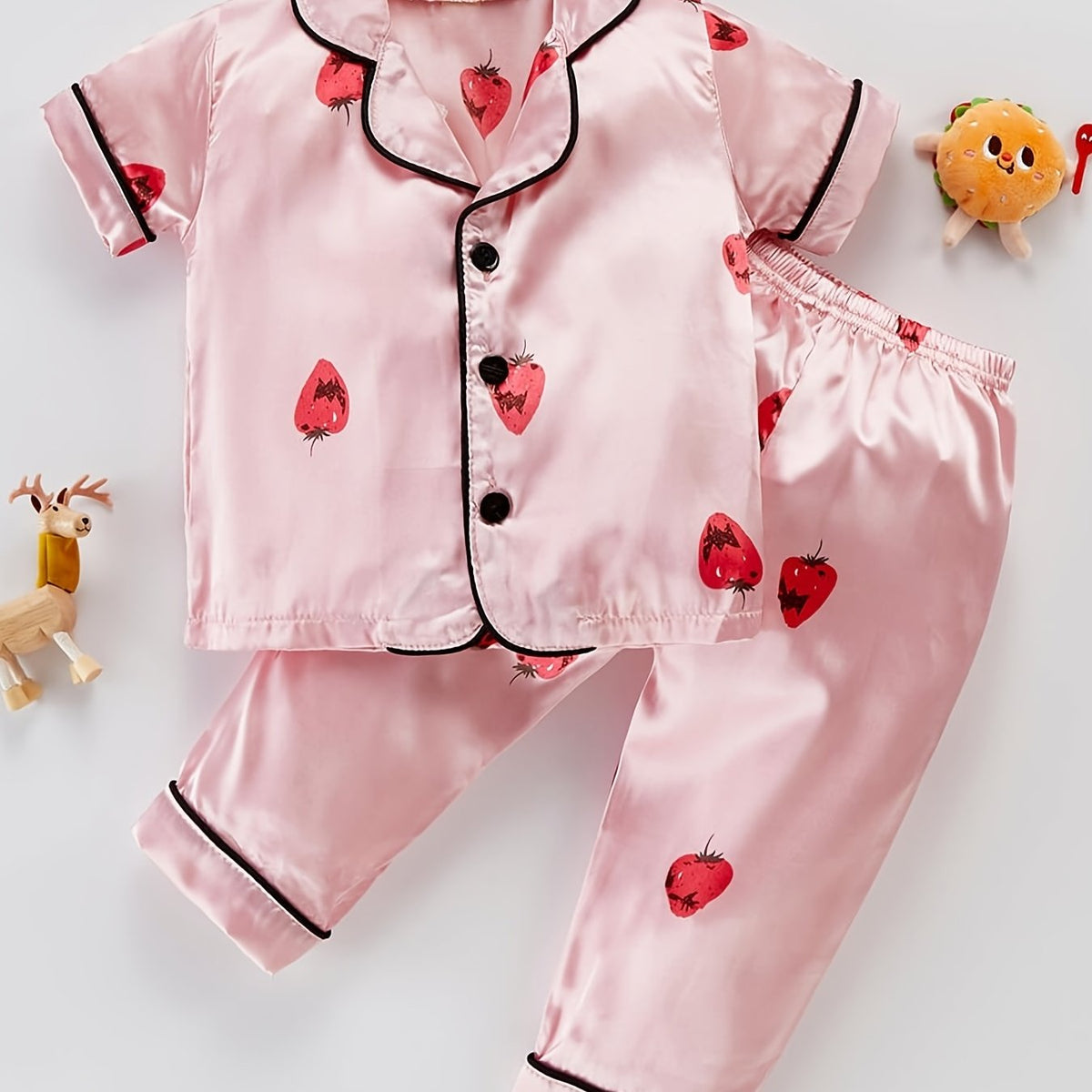 Girls Strawberry Graphic Pajamas Set Short Sleeve Top & Pants Sleepwear