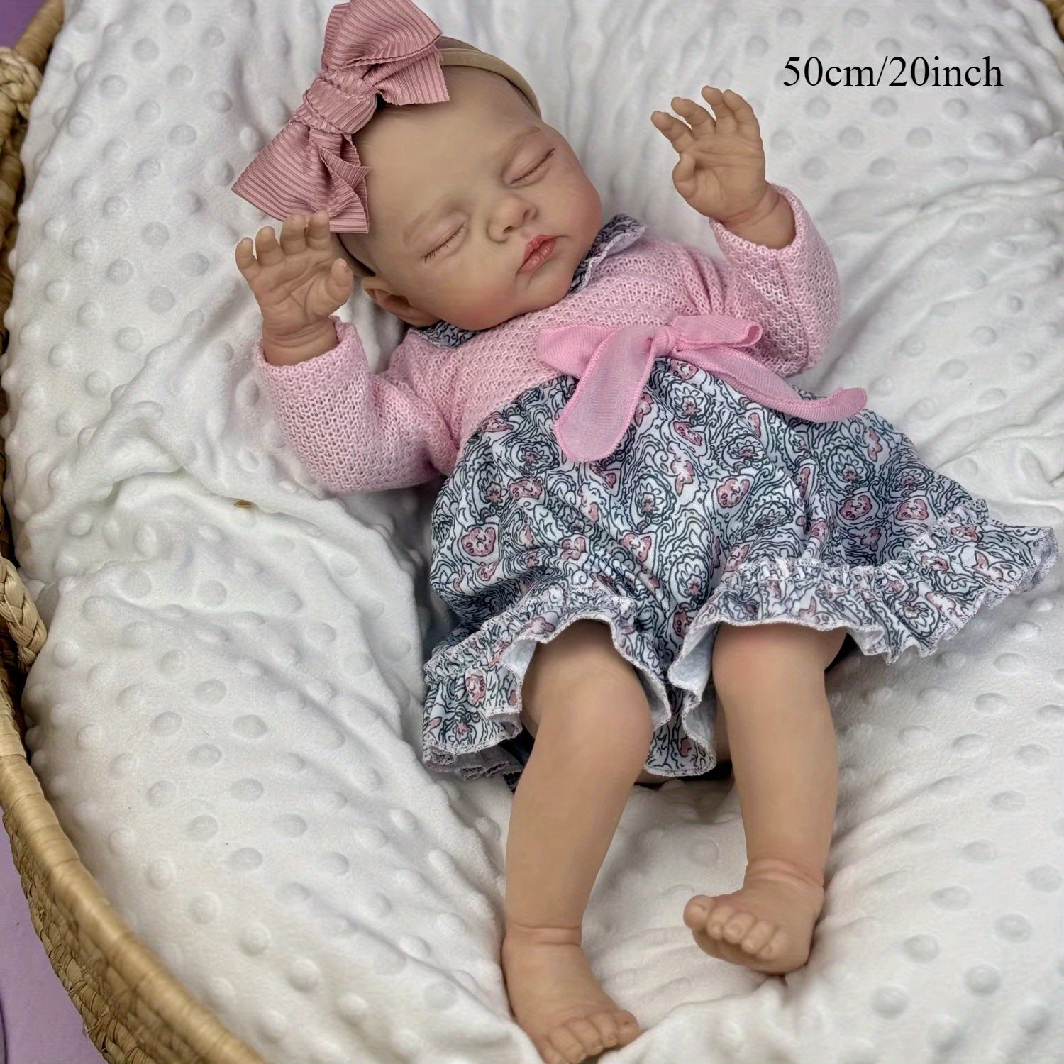 Beige Asleep Reborn Baby Doll, Pink Flower Dress, Headband Set