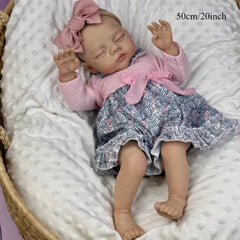 Beige Asleep Reborn Baby Doll, Pink Flower Dress, Headband Set