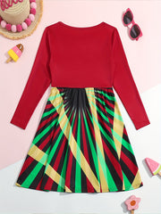 Girls Splicing Long Sleeve Dress Crew Neck Christmas Party Gift