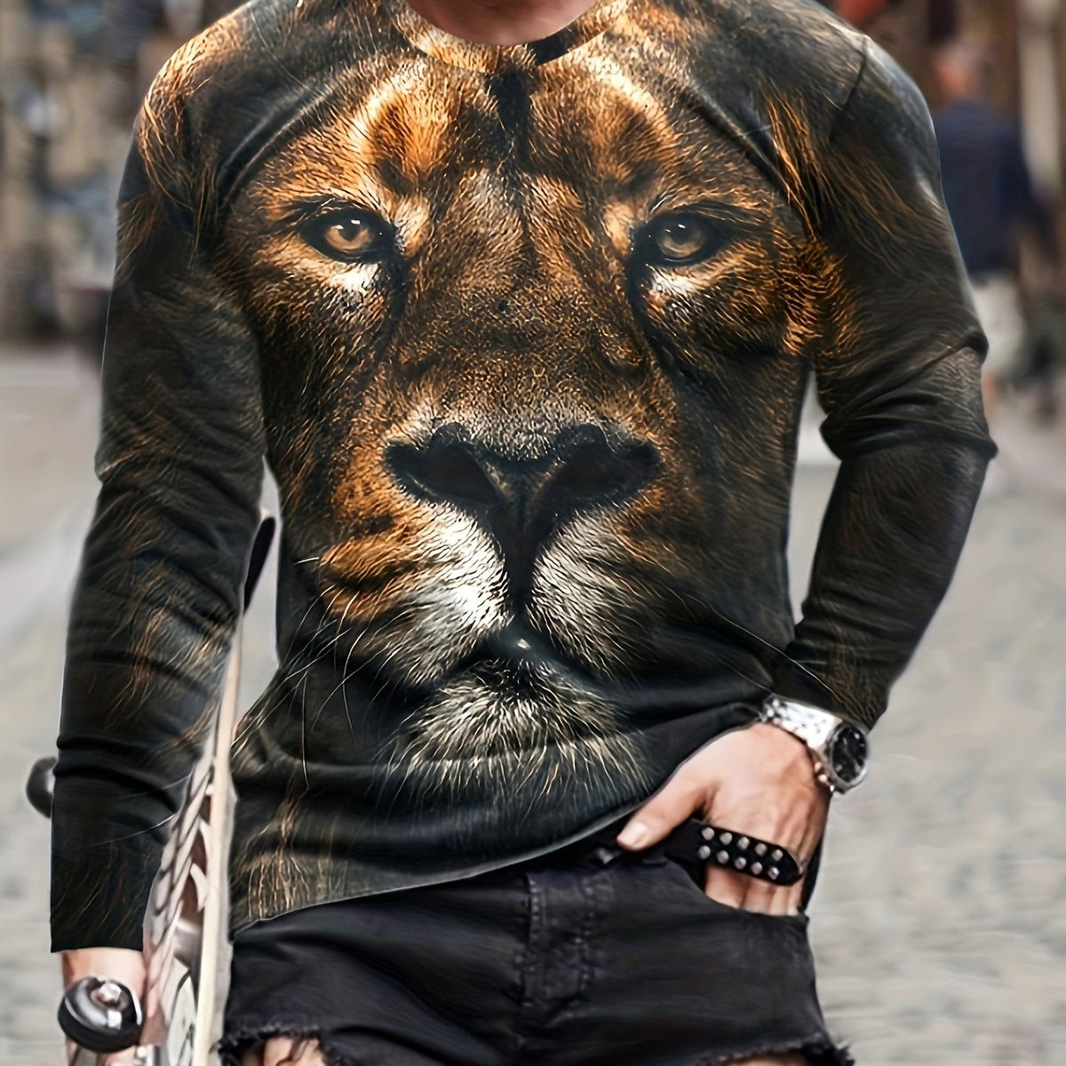 Men's 3D Lion Graphic Long Sleeve T shirt Stretch Breathable Pullover