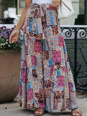  Patchwork Print High Rise Wide Leg Trousers With Belt
