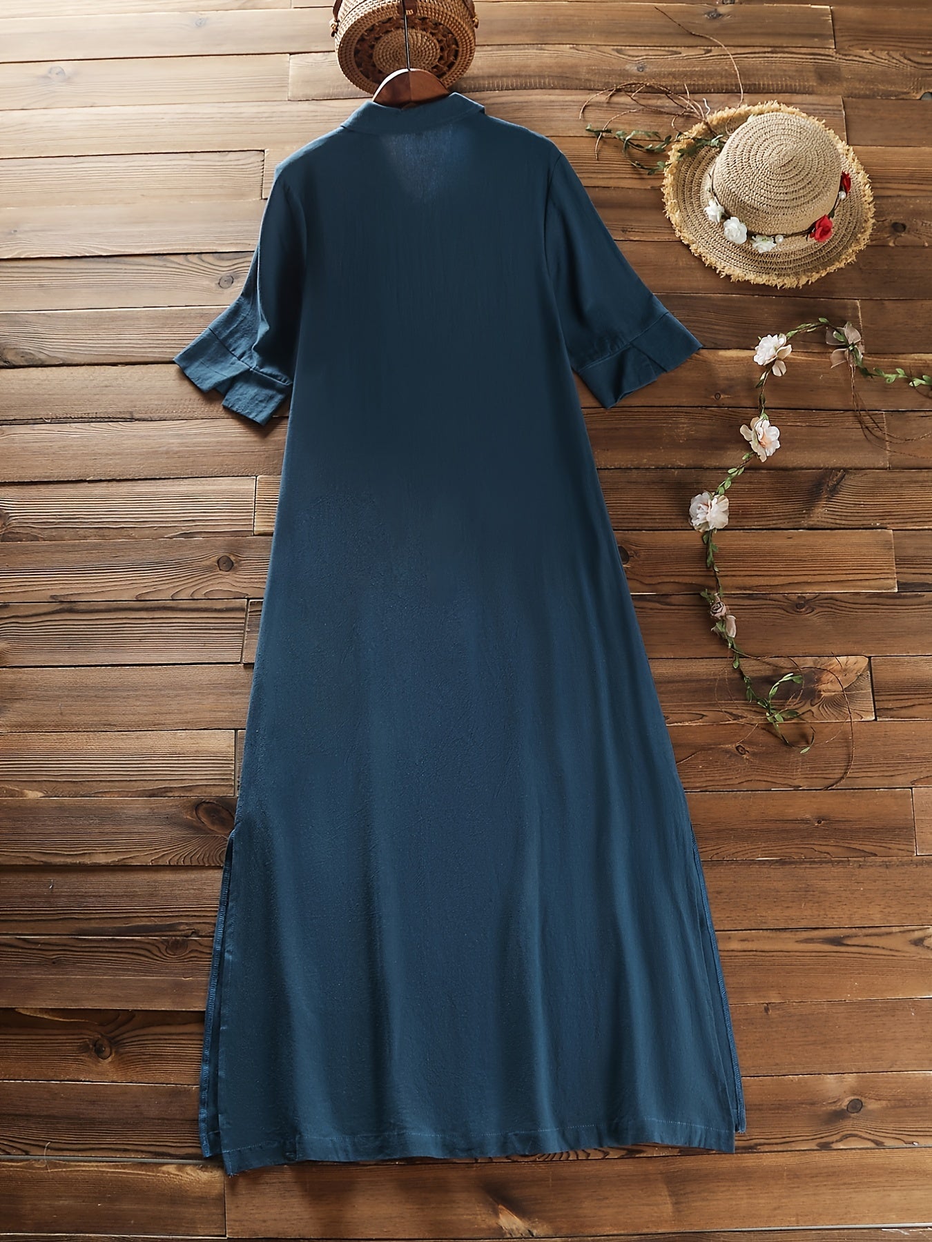  Solid Short Sleeve Collar Shirt Dress