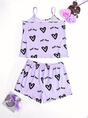 Heart Print Lounge Set Cami Top & Shorts Women's Loungewear