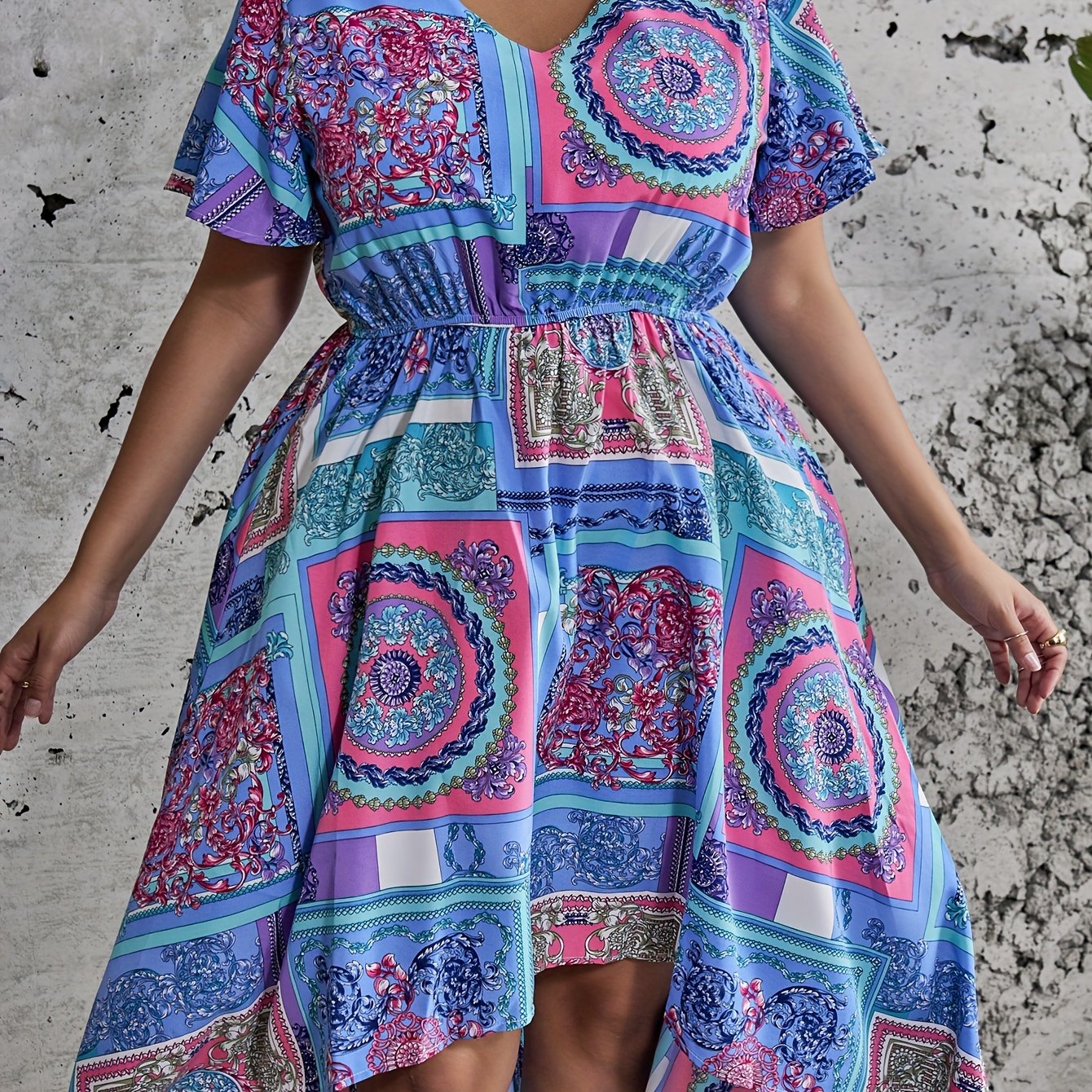  Colorblock Scarf Print V-Neck Stretch Dress