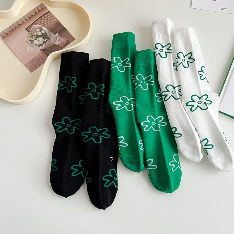 3 Pairs Floral Pattern Mid Tube Socks For Women
