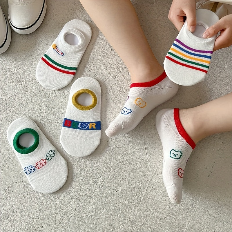 5 Pairs Girls Stripes Bear Boat Socks Spring Autumn