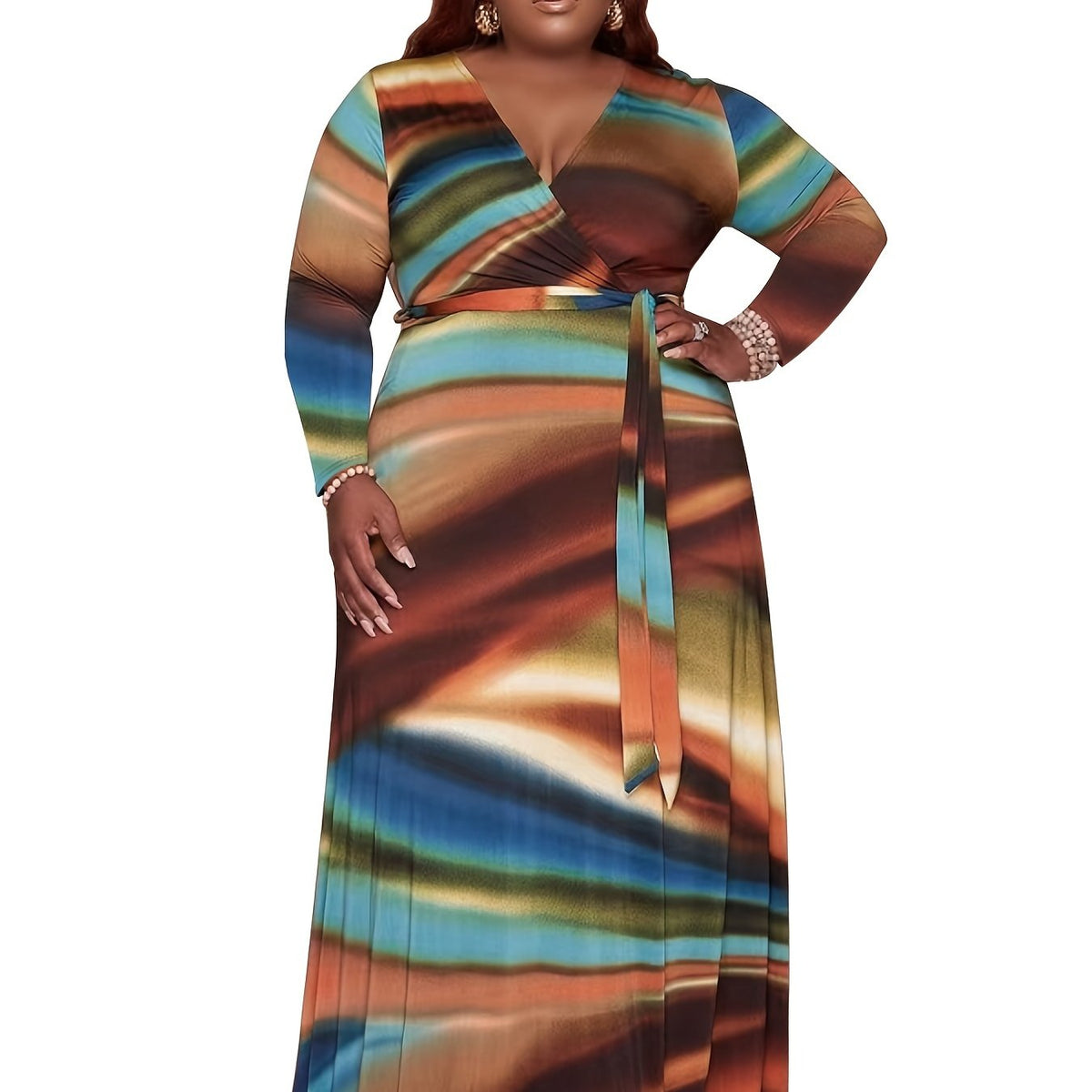  Tie Dye Maxi Dress With Belt Women's Plus Casual Long Sleeve Dress