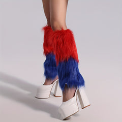 Colorblock Fuzzy Leg Warmers Warm Knee High Socks