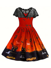 Girl's Halloween Lace Sleeve A Line Dress Costume