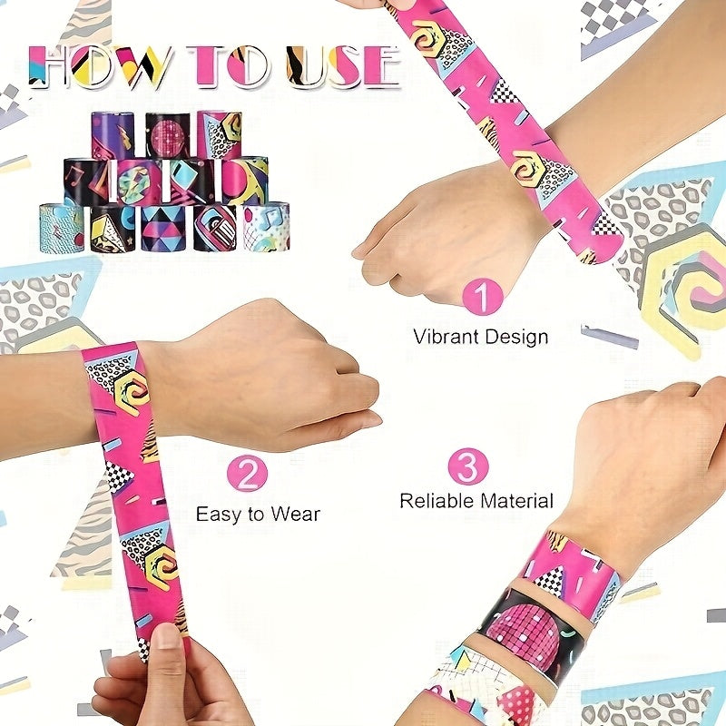 12pcs 80s 90s Slap Bracelets Retro Theme Party Decorations