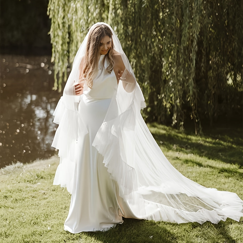 Double Layer Bridal Cathedral Veil with Ruffle Detail