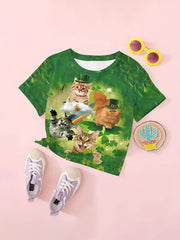 Cat & Shamrock Print Short Sleeved T-Shirt Girls Summer Clothes