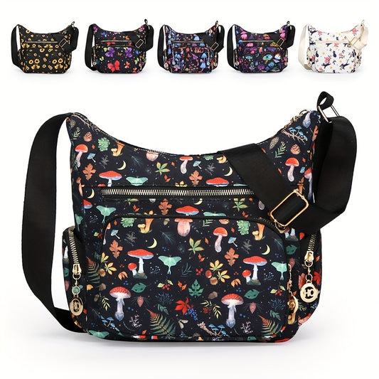 Fashionable Crossbody Handbag Floral & Mushroom Prints Adjustable Strap