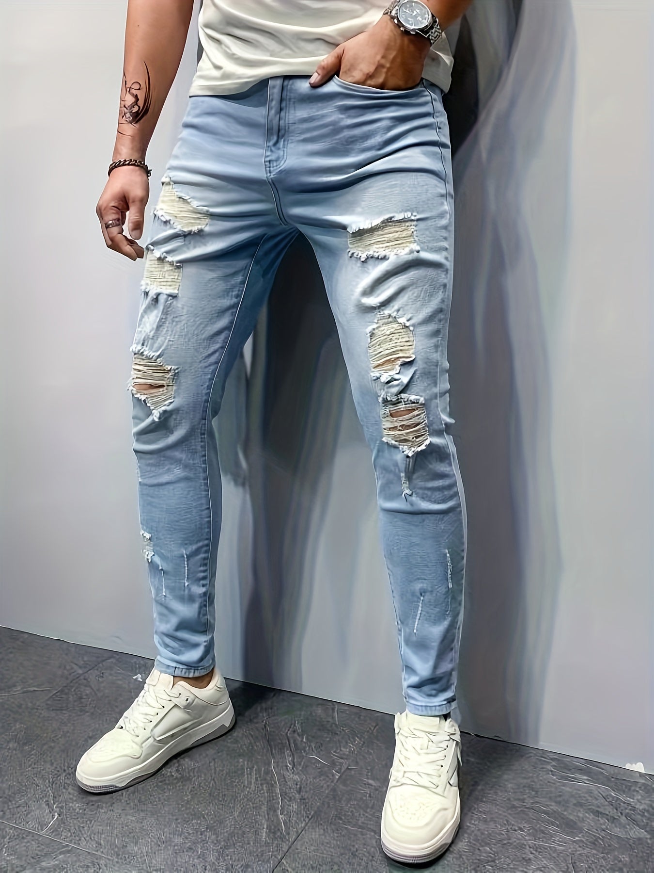 Men's Distressed Mid-Stretch Denim Jeans