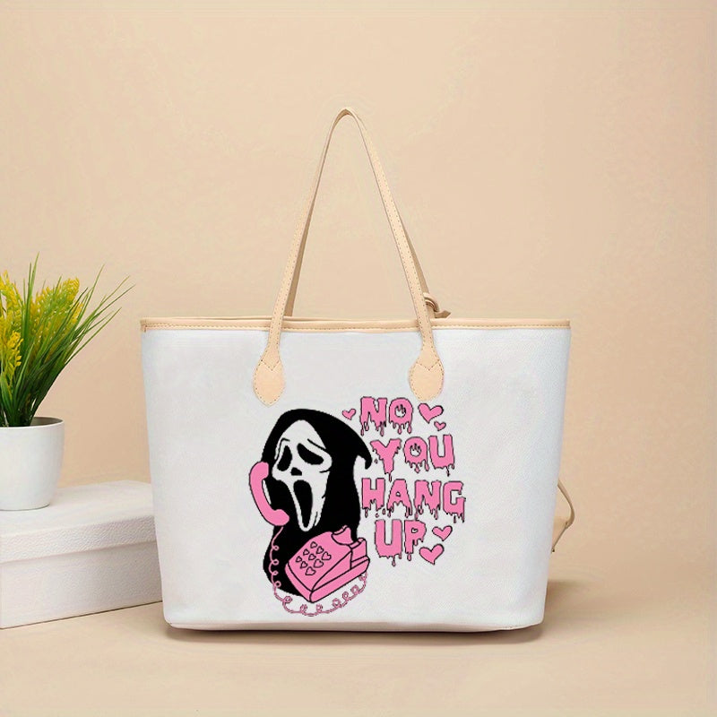 Pink Letter & Ghost Skull Print Tote Bag Lightweight Large Capacity Shoulder Bag