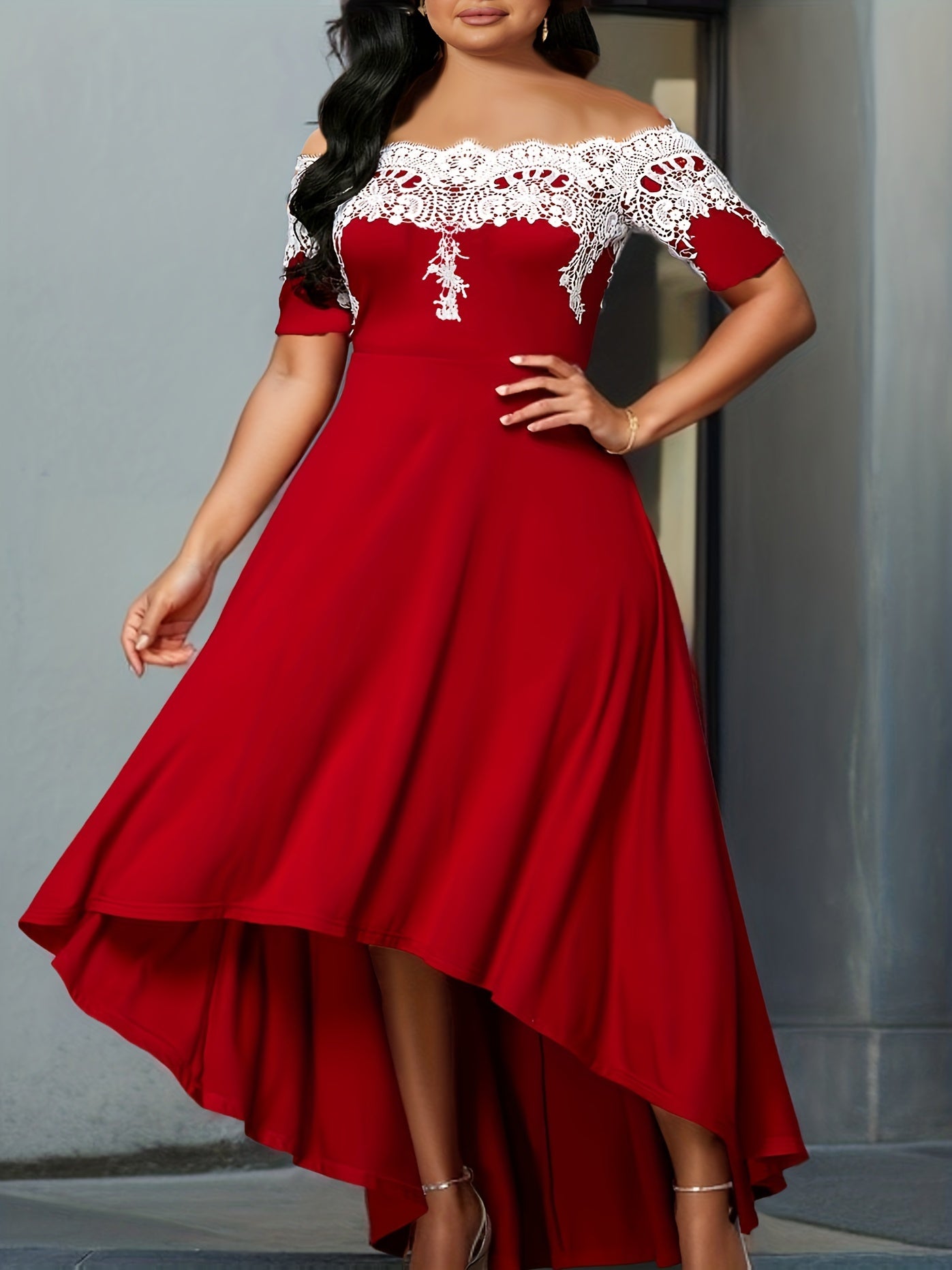  Casual Dress Women's Plus Colorblock Lace Off Shoulder Maxi Dress