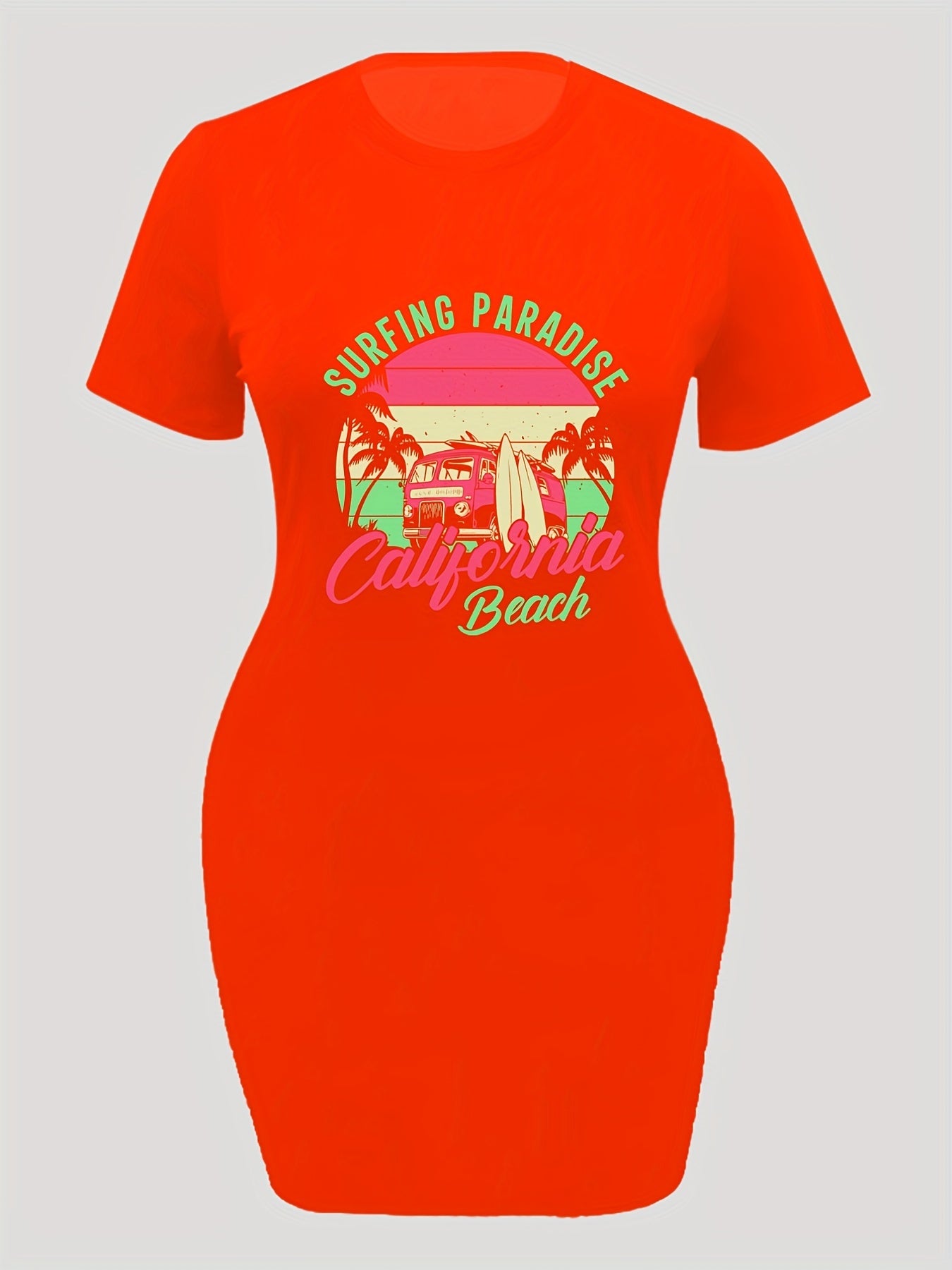  Colorblock Coconut Tree & Bus Print Short Sleeve Round Neck Dress