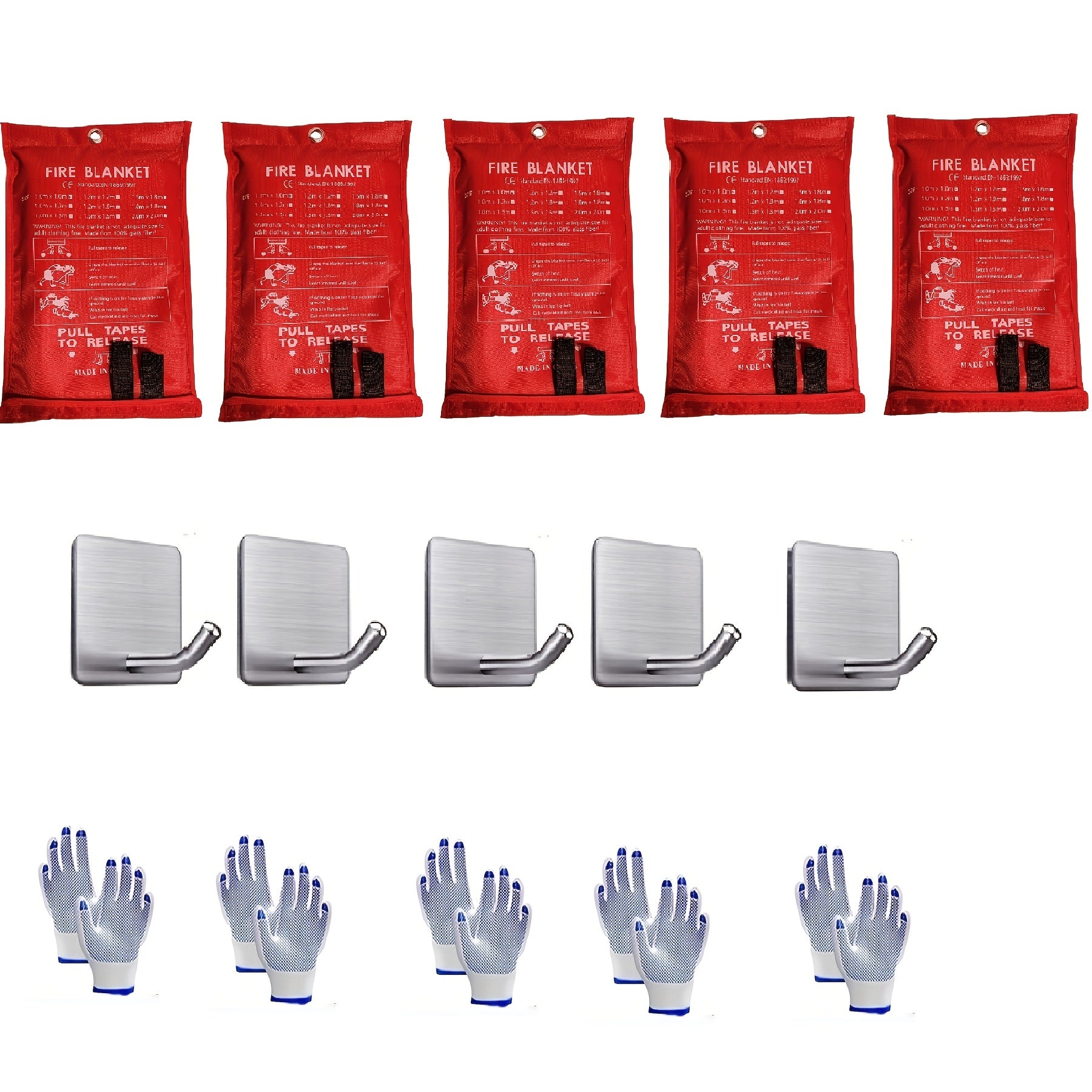 5pc Fire Blankets w/ Hooks & Gloves - High Heat Resistant Flame Retardant