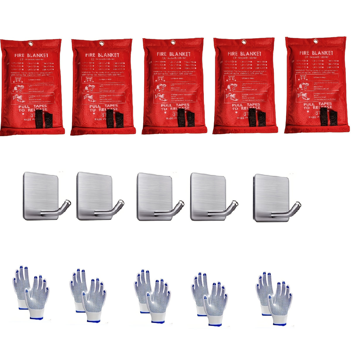 5pc Fire Blankets w/ Hooks & Gloves - High Heat Resistant Flame Retardant