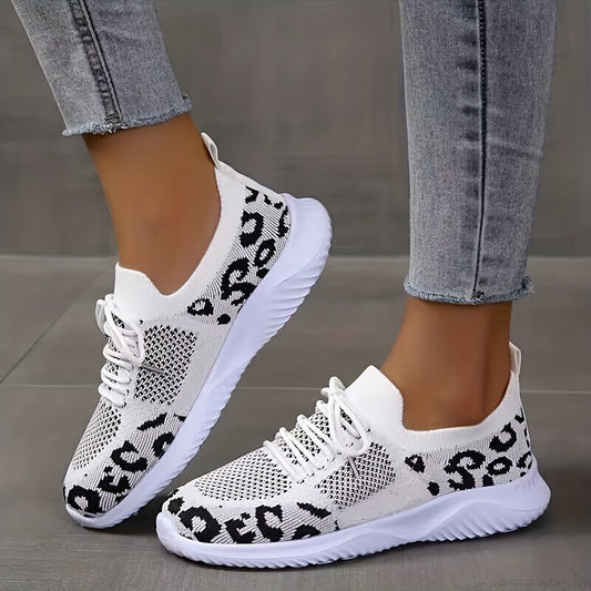 Leopard Print Knitted Walking Shoes Lace Up Lightweight Flat Shoes